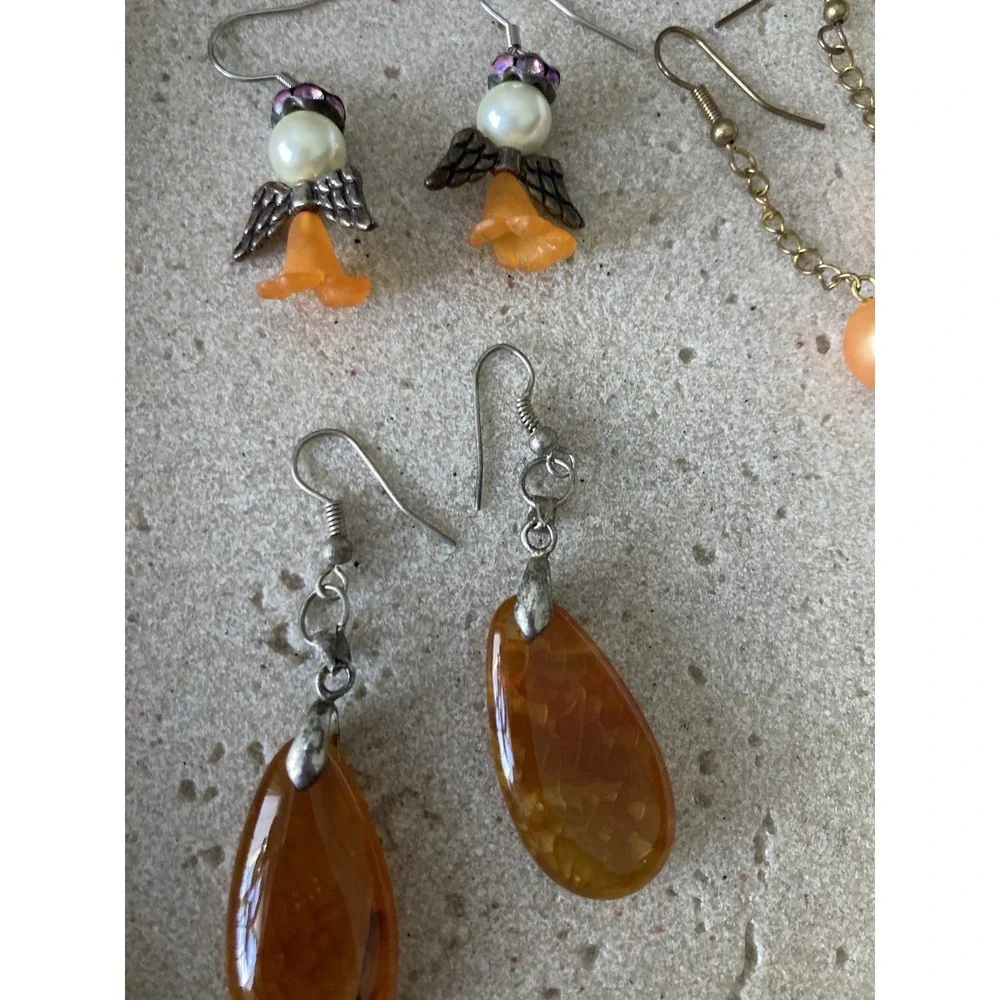 Dangle Earrings Set Of 4 Faux Pearl Angel Artsy Orange Bead Boho Artisan‎ Pink